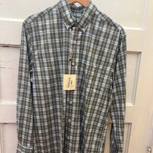 NWT Duck Head M's Poplin Wester Plaid LS Button Up Shirt- Deep Lichen Olive